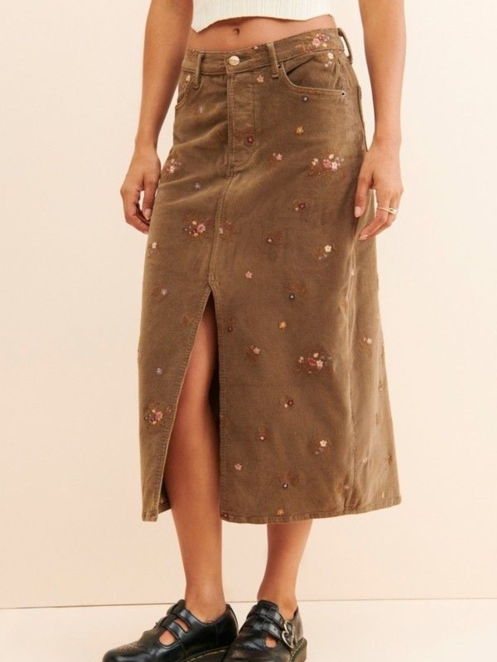 DRIFTWOOD  Piper Embroidered Flower Midi Skirt